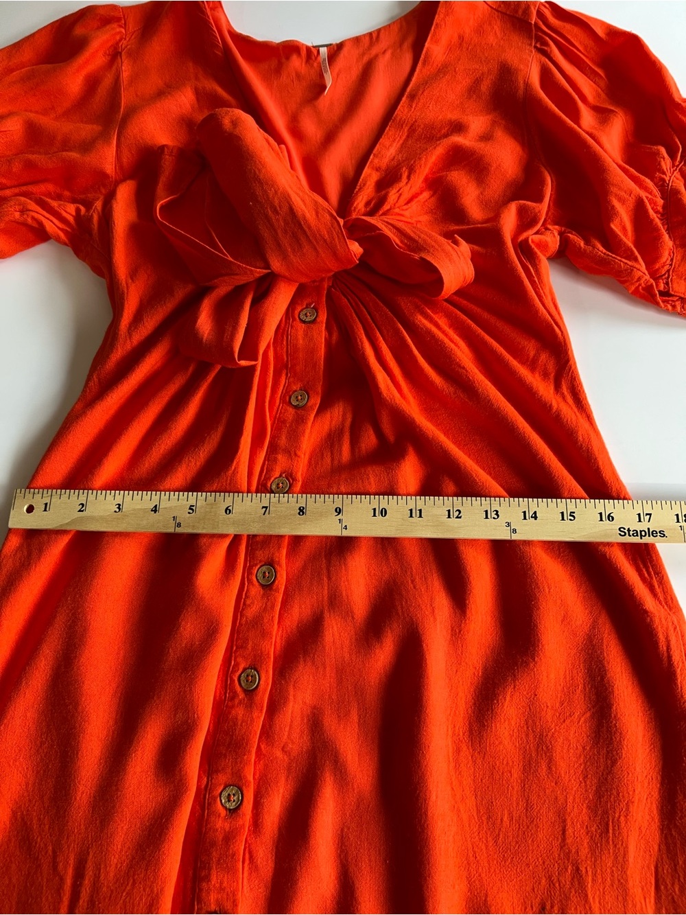Free People Women's Tie Front V-Neck Bright Orange Linen Blend MIDI Dress Boho M - Picture 9 of 12